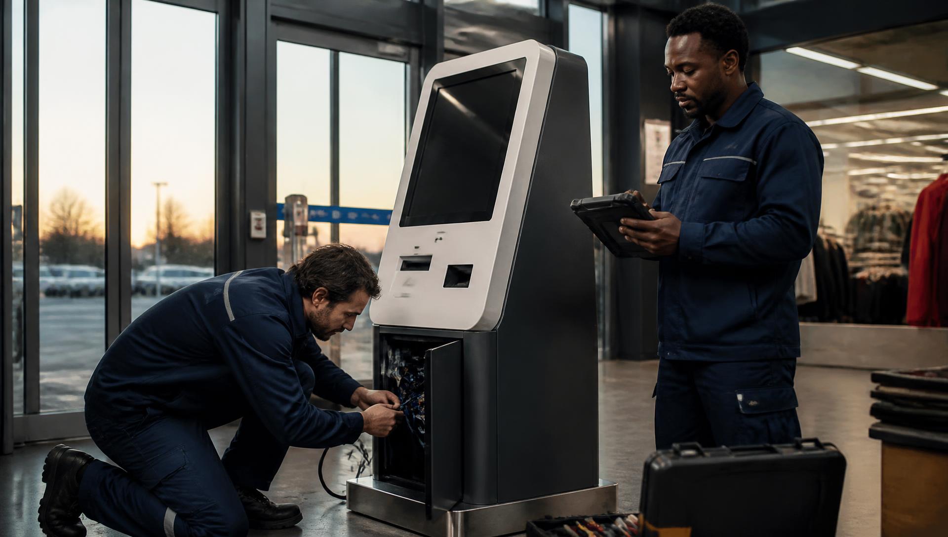 Field technicians deploying a modern self-service kiosk